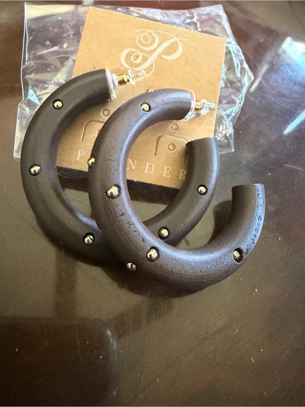 Plunder Dark Brown Hoop Earrings with Gold Studs - Picture 2 of 3